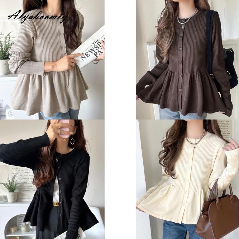 Korean Fashion Spring Autumn Women Ball Gown Knitted Coat O Neck Black Beige Brown Knitting Cardigan Elegant Feminine Ladies' Outerwear