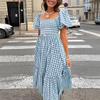 New summer plaid square neck bubble sleeve waist medium and long dress