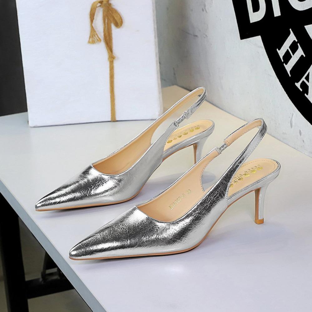 Women Korean Vintage Grain Slingback Pumps, Pointed Shallow Thin Stiletto Heels For Banquet Evening Party DS-A108