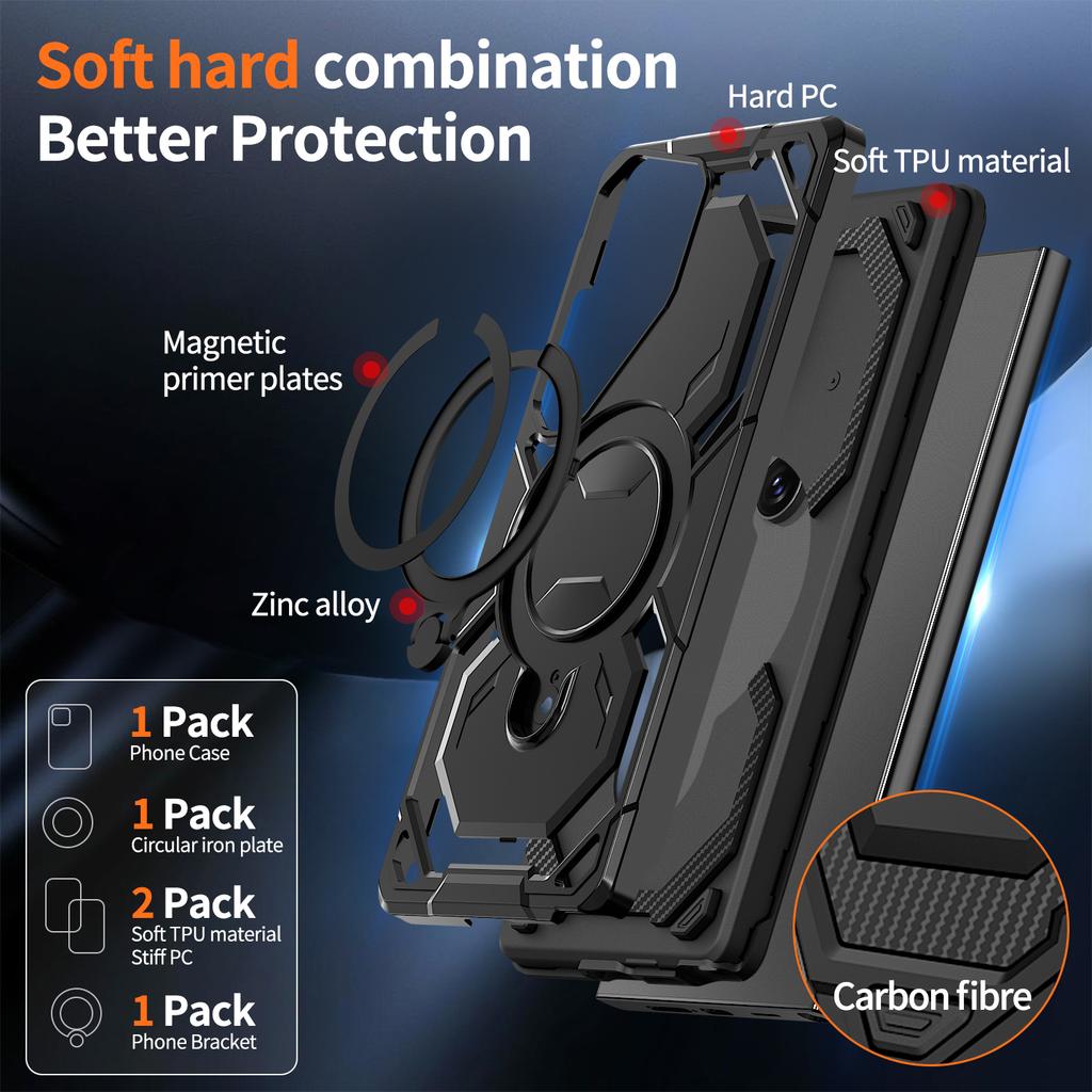 For Samsung Galaxy S24 Ultra Magnetic Case Ring Kickstand PC + TPU Hybrid Phone Cover