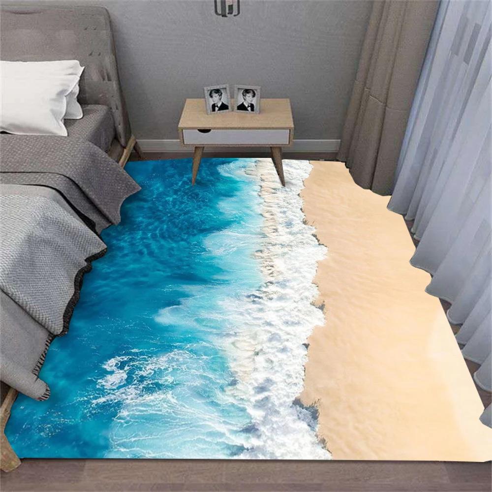 Carpet Summer Waves Beach Shell Rug - Soft Non-Slip Washable Modern Decor for Living Room Sofa Bedroom Kitchen Coastal Theme