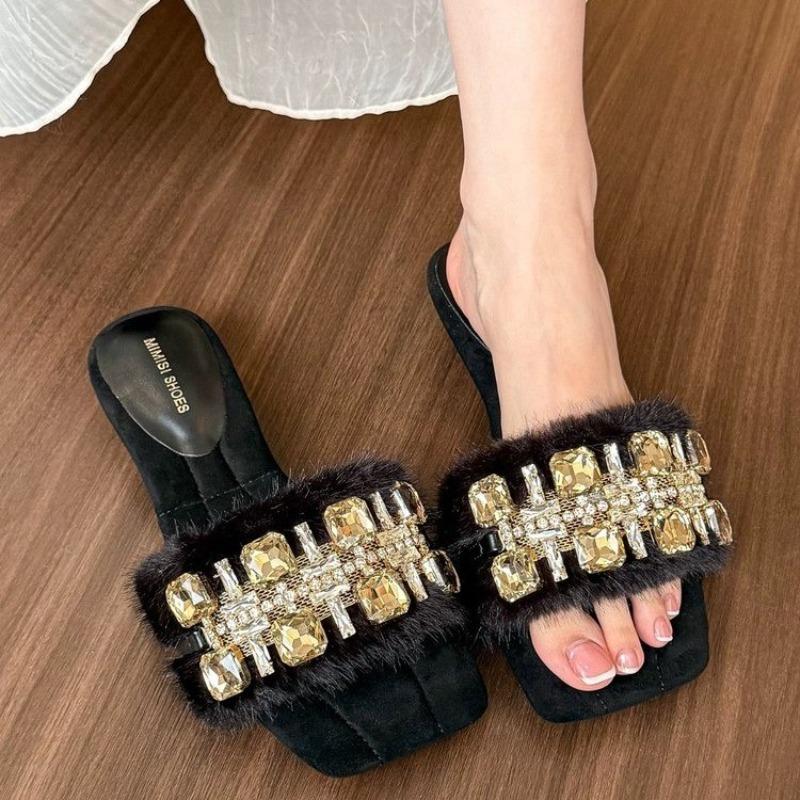 New Style Shoes for Women Summer Outdoor Peep Toe Modern Slippers Solid Rhinestone Square Heel Advanced Sense Women's Slippers