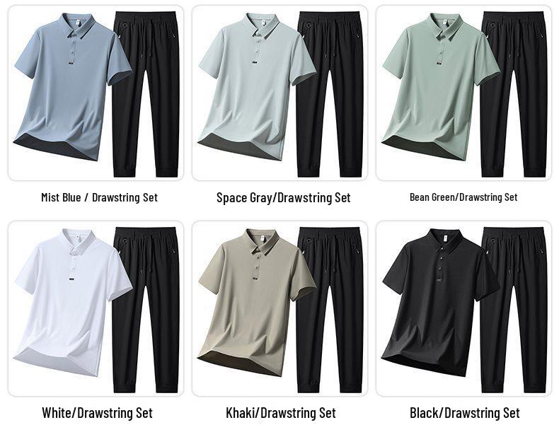 Men's Polo Short Sleeve & Long Pants Set: Summer Breathable, Elastic, Cool Touch Casual Sportswear.