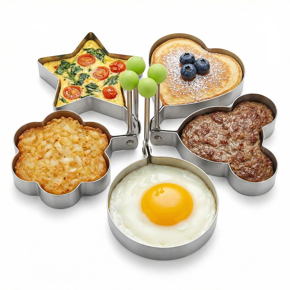 5-piece egg ring mold set, 2026 new stainless steel pancake mold, pancake ring set, heart-shaped, star-shaped, cloud-shaped, non-stick breakfast mold. 5