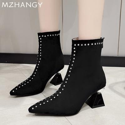 Mode Damen Spitzzehen Stiefeletten Wildleder Elegant Mittelhohe Absätze Schuhe Frau 2025 Trend Winter Designer Pumps Chelsea Boots Mujer Botas