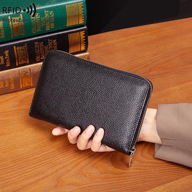 RFID Long Wallet: Top Grain Cowhide Passport & Document Holder with Zipper Phone Pouch for Men & Women