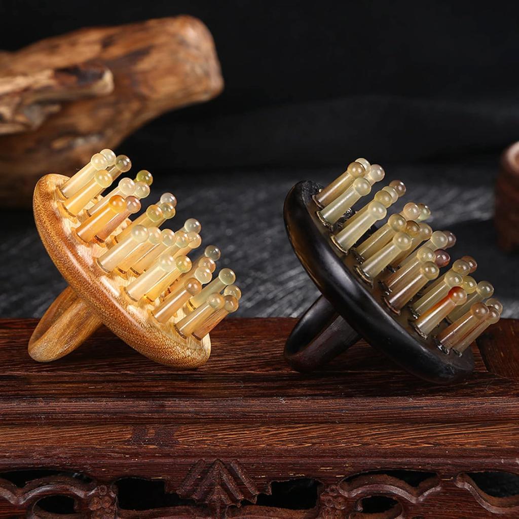 Natural Horn Massage Comb Scalp Massage Meridian Scraping Head Massager Gua Sha Sandalwood Brush,Green Sandalwood