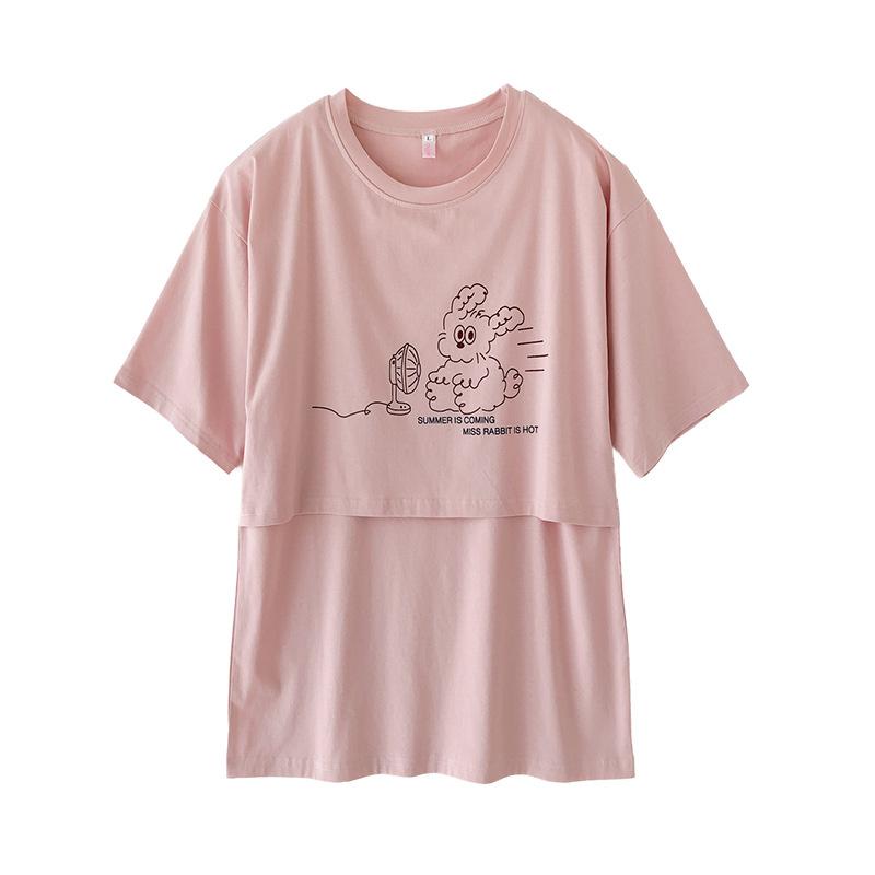 

Summer pure cotton maternity T-shirt postpartum nursing top with flip-up nursing opening maternity wear L розовый