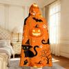 1pc Halloween black cat pumpkin bat print hooded blanket flannel hoodie, wearable cape blanket, soft and casual blanket
