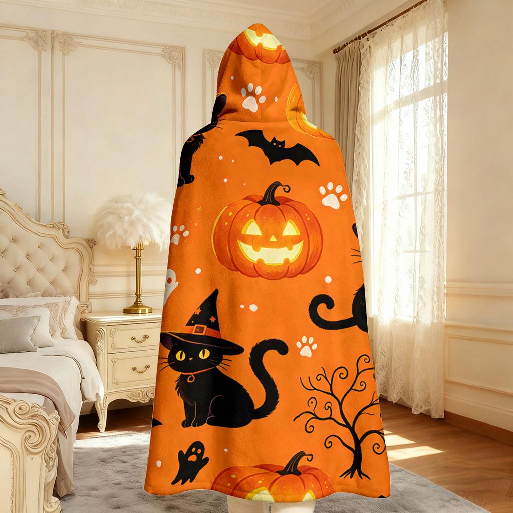 1pc Halloween black cat pumpkin bat print hooded blanket flannel hoodie, wearable cape blanket, soft and casual blanket