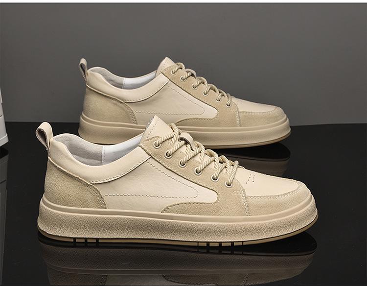 Men's Spring Low-Top Cowhide Sneakers - Fashionable, Large Size, Flat Bottom, White Sports Casual Shoes