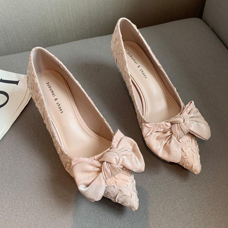Satin High-heeled Shoes Women's New Pointed Toe Bowknot High-heeled Shoes Women's Slender Heels and Shallow Mouth Shoes Women