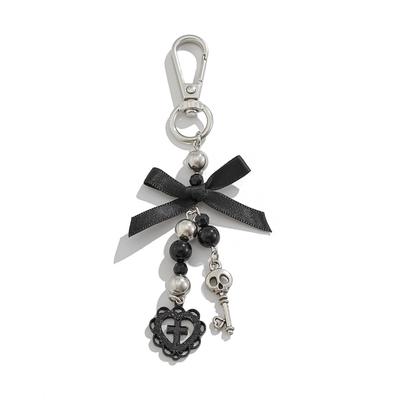 Gothic Black Ribbon Bow Keychain Beaded Hollow Cross Heart Skull Key Pendant Bag Key Accessories Gift