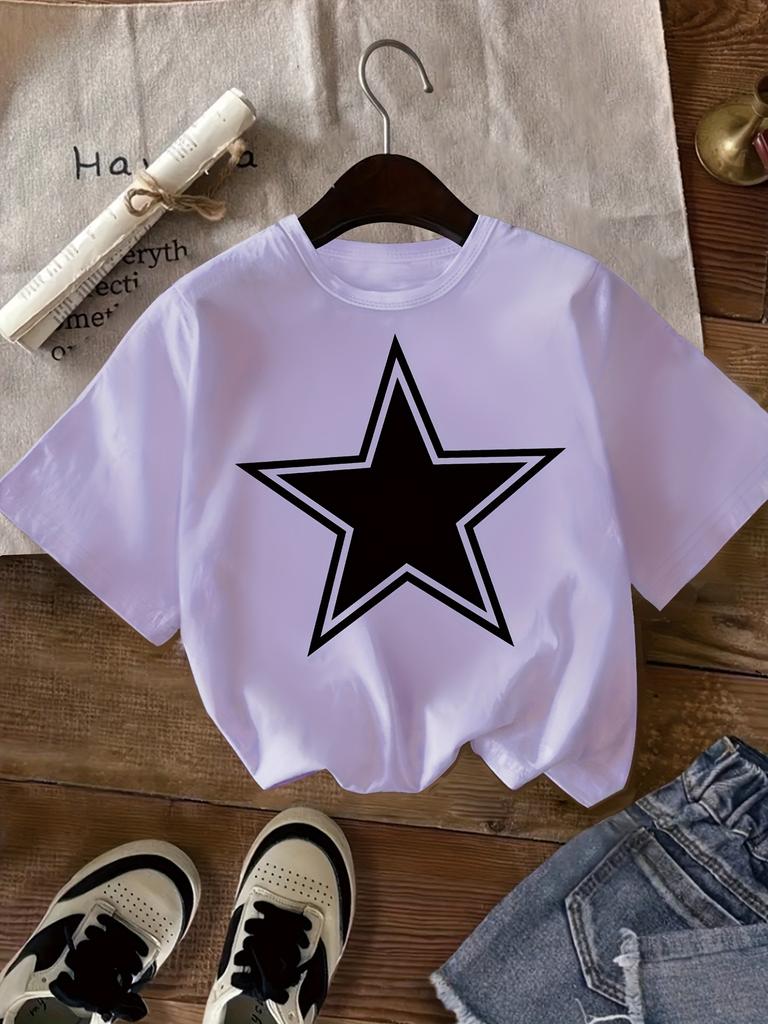 2026 Bambini Cotone Puro Girocollo Manica Corta Maglietta T-shirt Stampata con Motivo a Stelle T-shirt Estiva Trendy Bambine Abbigliamento Bambine