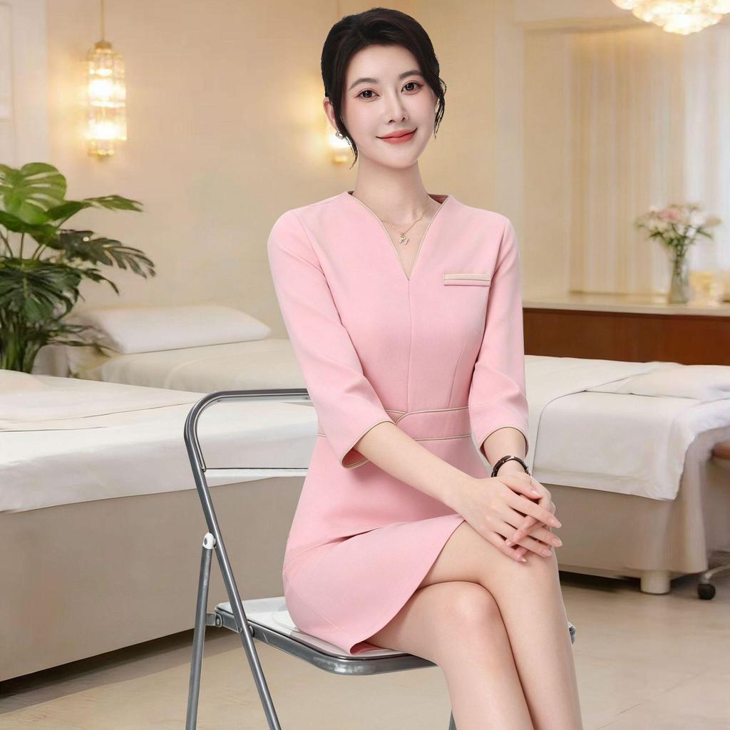 Women's V-Neck Beauty Salon & Jewelry Store Professional Summer Uniform Dress