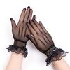 Yousheng 1 Pair Women Prom Gloves See-through Lace Bow Faux Pearl Decor Hollow Out Fishnet Ruffle Edge Thin Full Finger Performances Bride Wedding