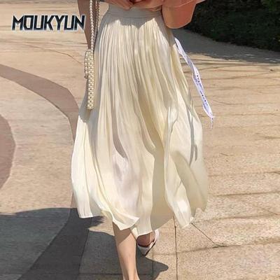 Frauen Elegante Midi Plissee Röcke Frauen Koreanische Hohe Taille Sommer Damen Satin Maxi Rock Weibliche Faldas