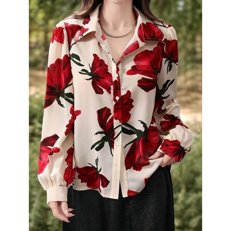 Japanese and Korean directional women's floral print simple daily long-sleeved shirt
