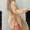 2 Pcs/Set Women Shirt Shorts Set Solid Color Long Sleeves Lapel Collar Single-breasted Split Blouse High Waist Loose Above Knee