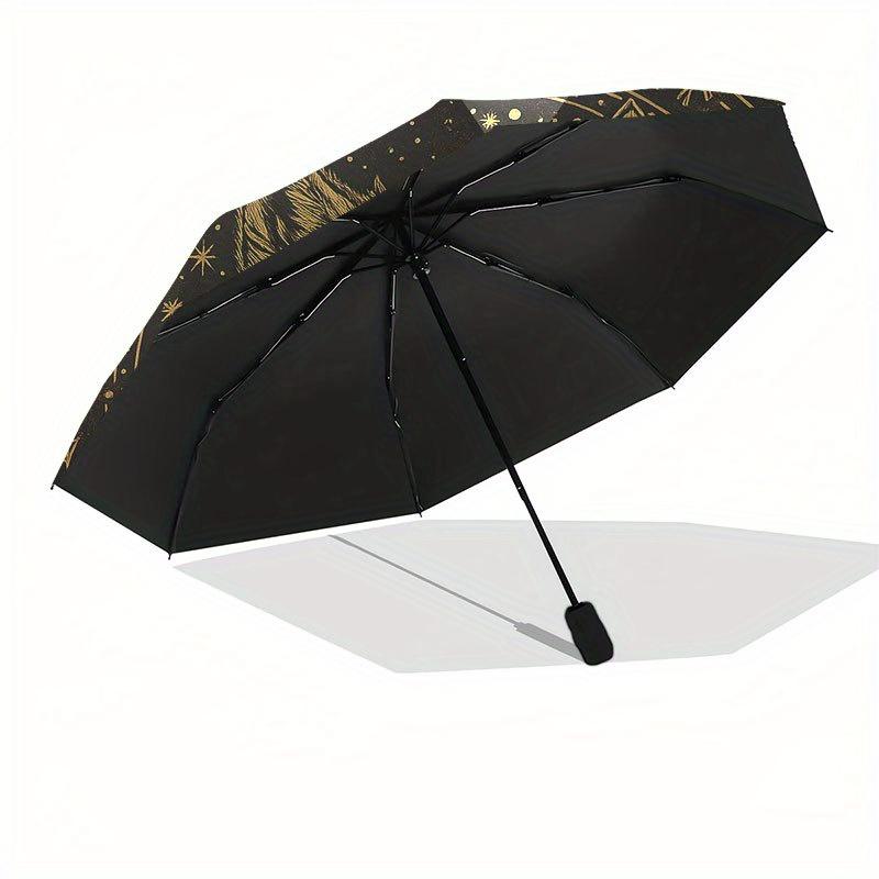 Golden Wolf Mandala Wall Art: Mystical Decor for Your Space Umbrella, Cute Umbrella with Cute Design, Portable 3-Fold Compact Umbrella for Men & Women