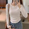 Curved hem front shoulder top women's simple card waist pleated long-sleeved T-shirt autumn design bottoming shirt