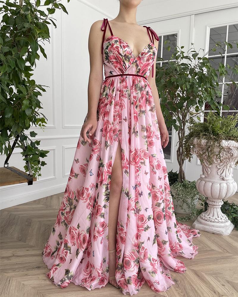 2025 New European and American French Women's Clothing Retro Printing Long Dress Sexy Suspender Dress Beach Casual Vacation Dress