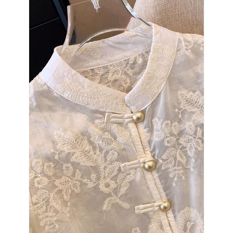 2025 New Stand-up Collar Lace Shirt Top Embroidered Shirt Sunscreen Shirt