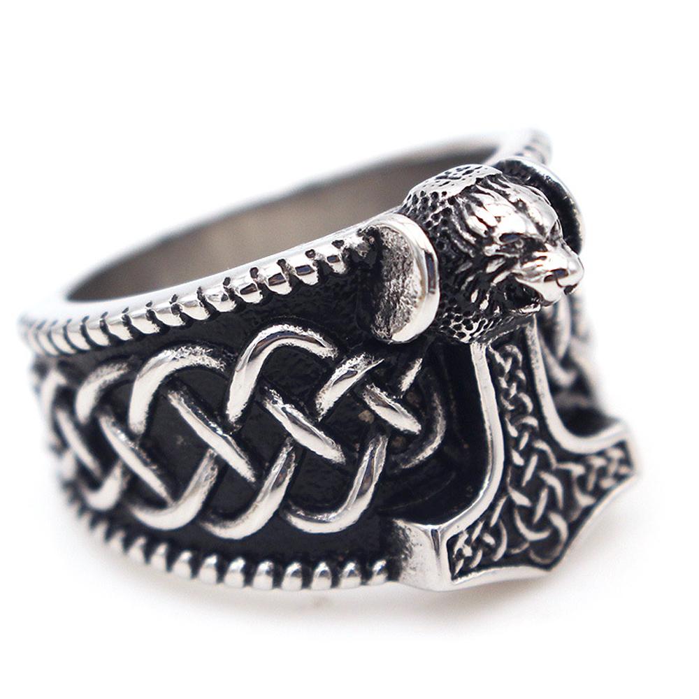 Nordic Stainless Steel Thor Hammer Ring Men Vintage Viking Bear Head Celtics Knot Ring Biker Amulet Viking Jewelry Gift