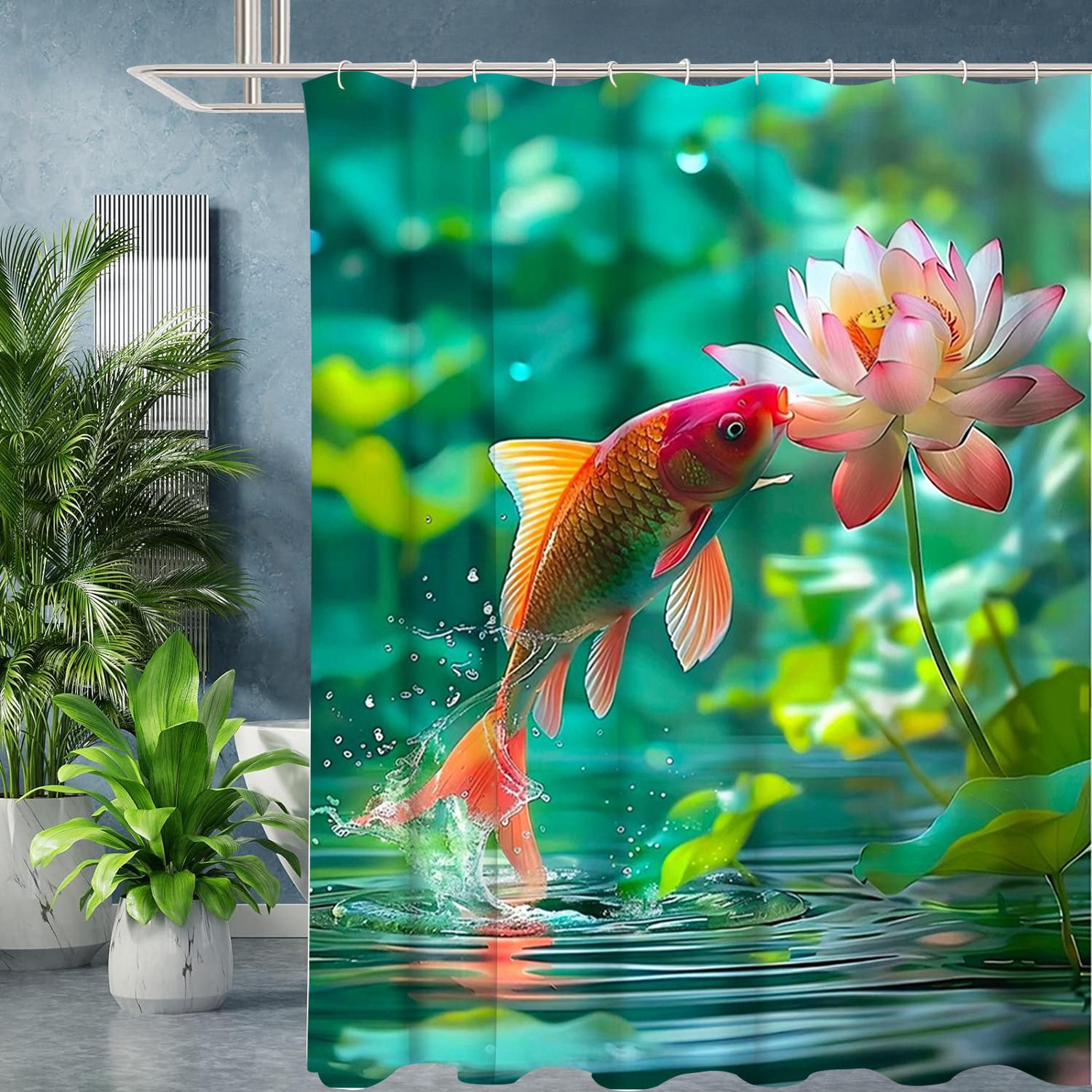 

Рыбы в пруду лотосов Занавеска для ванной Комнатные буквы Занавеска для душа Водонепроницаемая с 12 крючками Рыбы Домашний декор Бесплатная доставка 180x180cm curtain синий