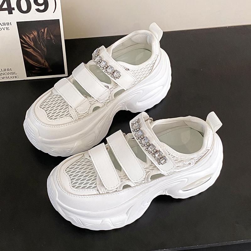Fashion 6.5CM Breathable Hollow Leather Women Sandals Vulcanized Mesh Chunky Platform Crystal Shoes High Heels Casual Summer Sneakers