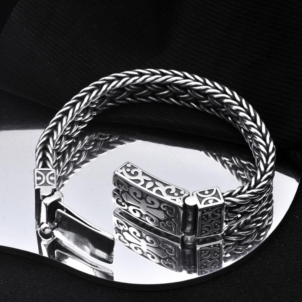 HX Silver Color New Retro Hand-woven Wide Thick Bracelet Trendy Men Hip-hop Cuban High-end Gift Temperament All-match Jewelry
