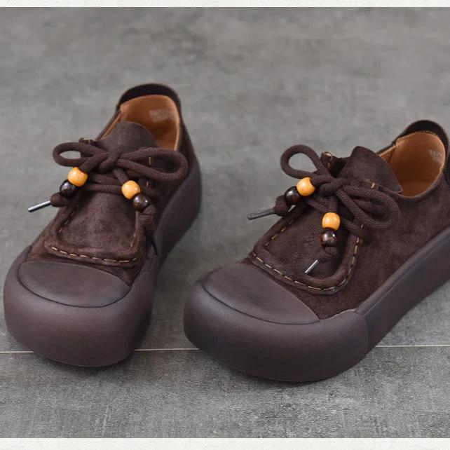 Johnature Genuine Leather Thick Sole Women's Shoes Round Toe Lace-up Versatile Casual Flat Platform Shoes