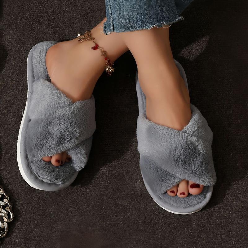 Fashion Women Fluffy Slippers Cross Band Soft Plush Cozy House Shoes Furry Open Toe Indoor Outdoor Slip Warm Anti Skid Sole