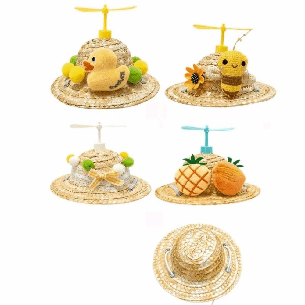Cartoon Woven Dog Cat Straw Hat Lightweight Breathable Pet Sombrero Hat Adjustable Funny Bamboo Dragonfly Hat Summer Use