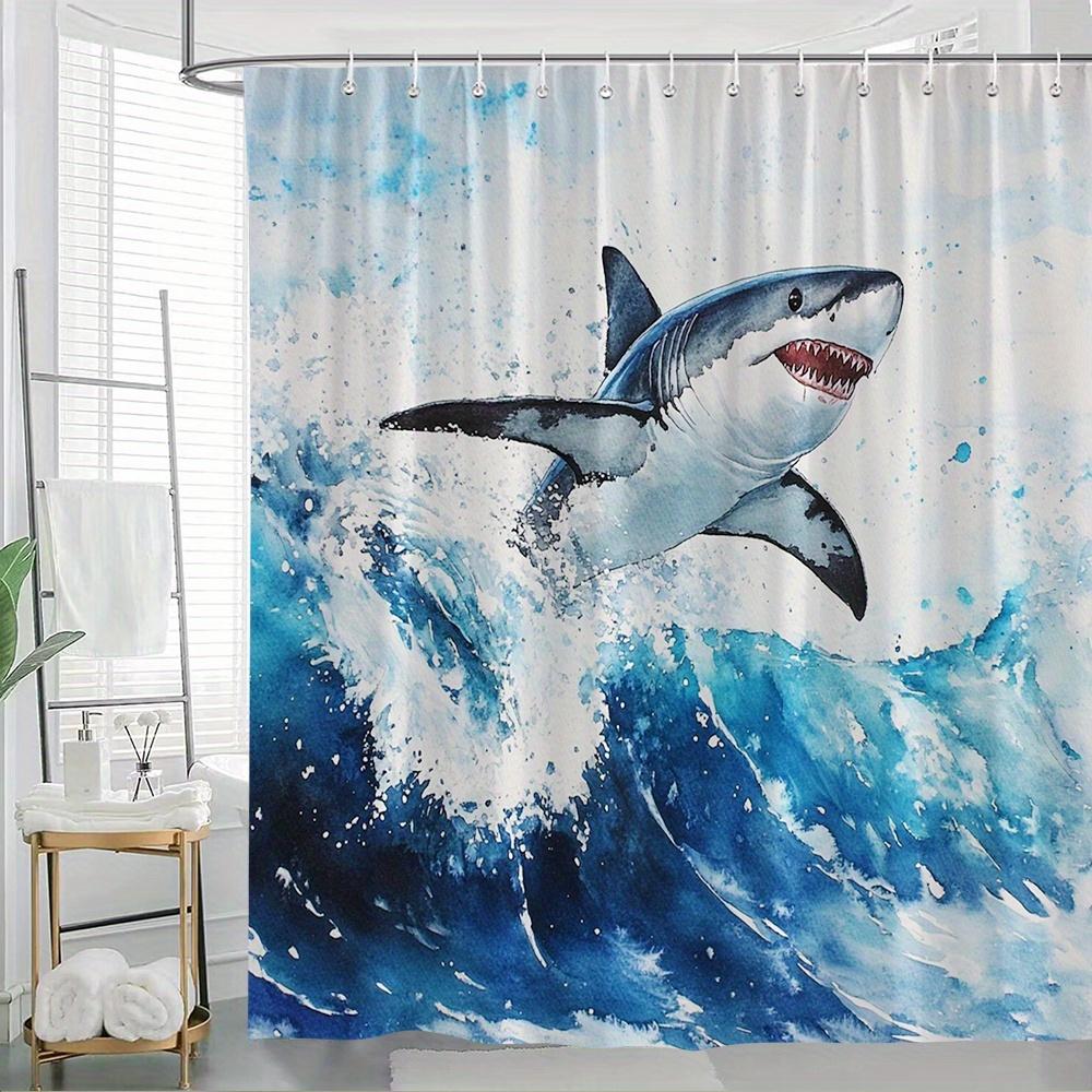 1pc Ocean Shark Shower Curtain 2D Graphic Print Bath Decoration with Bold Great White Shark in Vibrant Ocean Waves Stylish Bathr 90x180cm35x71in