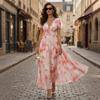 Women's V Neck Ruffle Sleeve Floral Print Waist Cinch Maxi Dress Lightweight Chiffon Elegant Vacation Dress