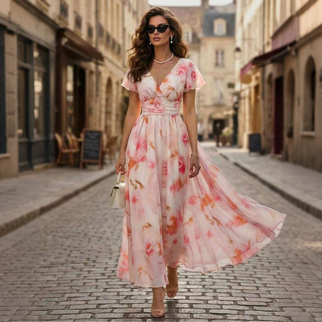Women's V Neck Ruffle Sleeve Floral Print Waist Cinch Maxi Dress Lightweight Chiffon Elegant Vacation Dress