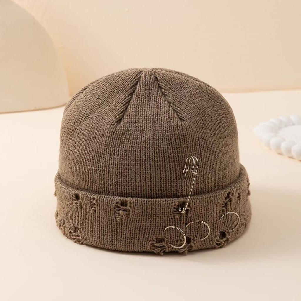 European and American Fashion Hole Knitted Wool Hat Autumn and Winter Retro Big Head Circumference Dome Cold Hat Men's and Women's Ear Protec