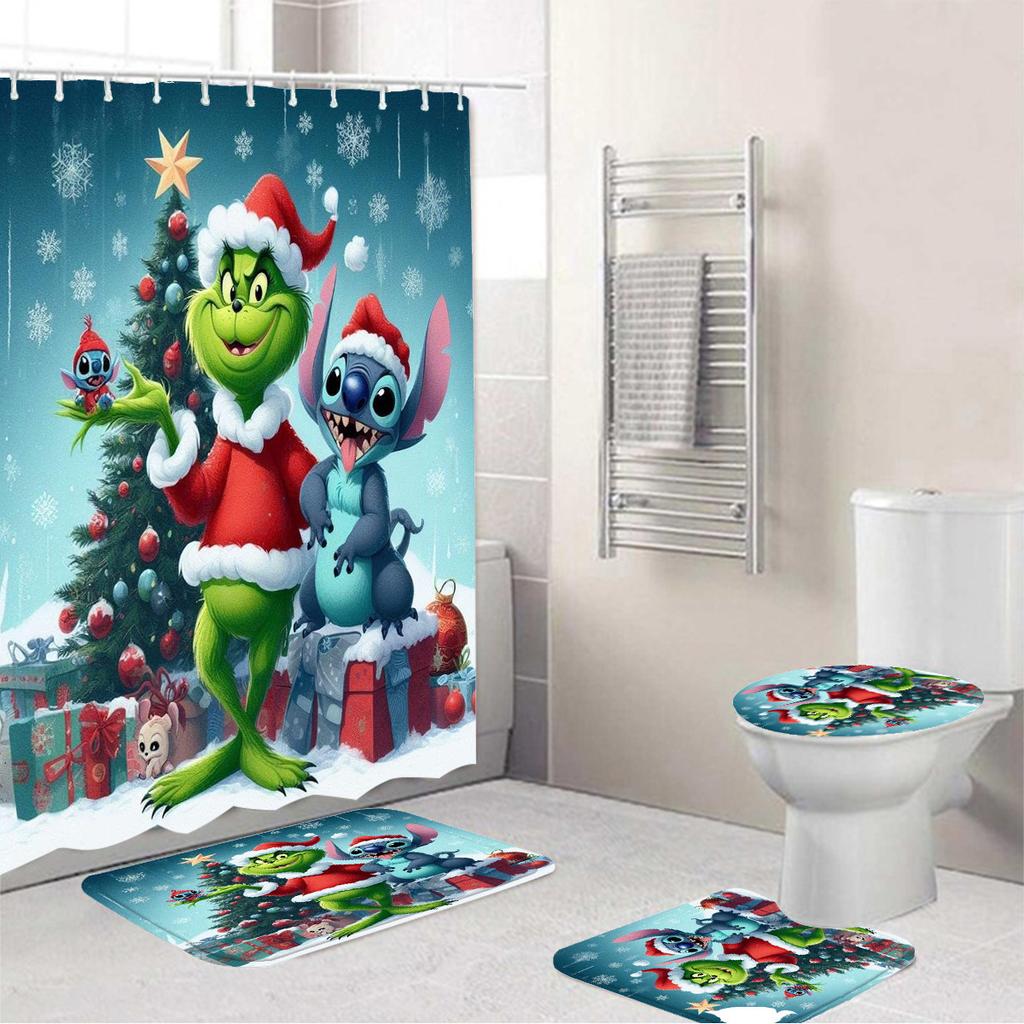 Temu Bathroom Three-Piece Set, Green-Haired Grinch Pattern Bathroom Non-Slip Mat, U-Pad And Shower Curtain Set