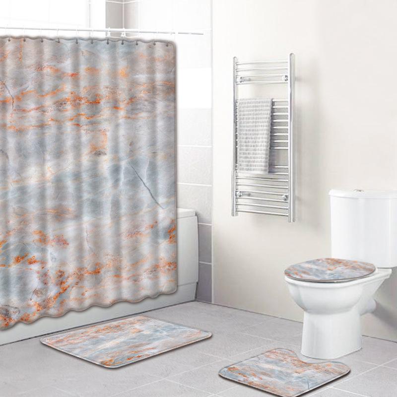 Marble Texture Printing Bathroom Non-Slip Floor Mat Shower Curtain Combination Carpet European And American Style