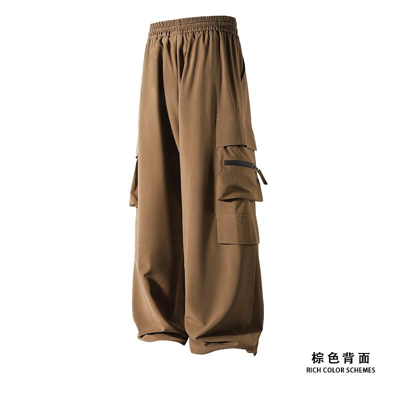 High Quality Ice Silk Waterproof Zipper Multi Pockets Casual Pants Men Solid Straight Elastic Waist Trousers Loose Cargo Pants