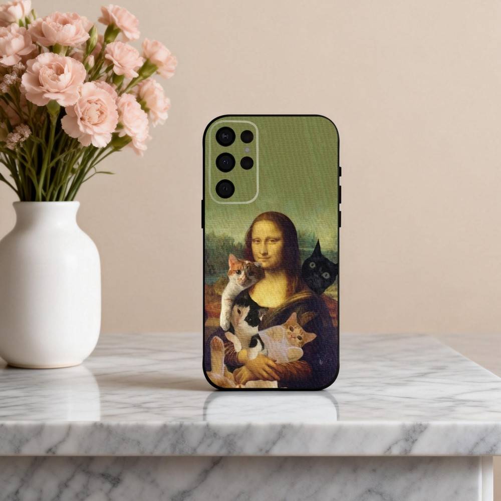 

M-Mona-A L-Lisa Pat C-Cat Art Phone Case For Samsung S25,24,23,22,30,21,10,9,Ultra,Plus,Lite,FE,4,5 G Soft Black Case Samsung S22ULTRA5G