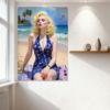 Sexy Blonde Woman Beach Scene Tin Sign Metal Poster - Voluminous Wavy Hair, Blue Star Dress, Golden Sand & Turquoise Ocean Wall