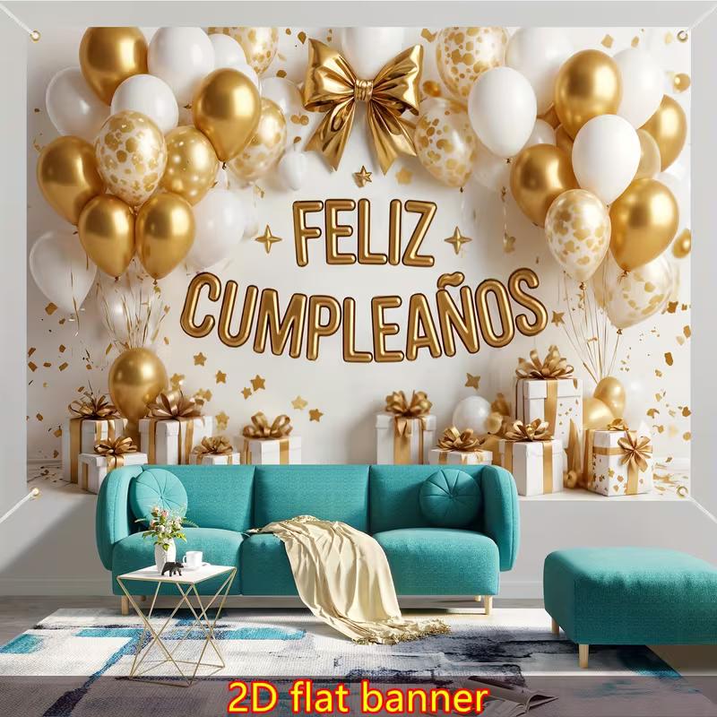 2D Feliz Cumpleaños Backdrop, Gold White Balloon & Gift Box Spanish Birthday Background Cloth