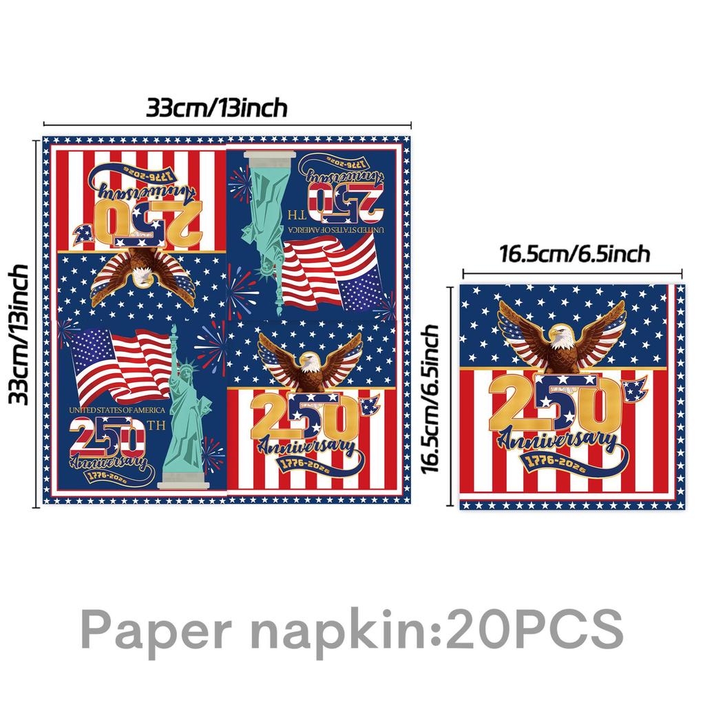 USA 250th Anniversary Party Supplies Set: Festival Decorations, Paper Plates, and Tablecloth.