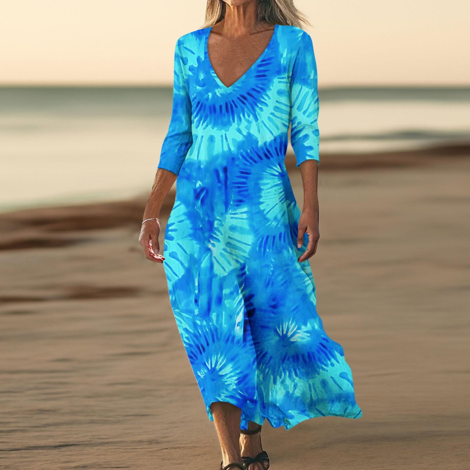 

Платья для женщин Винтажный принт Туника с завышенной талией Миди-платье Летнее повседневное Платье с рукавом 3/4 XXL синий