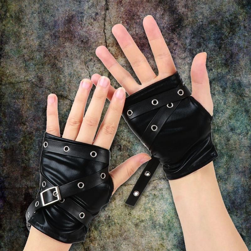 Fingerless Punk Style Gloves Durable PU Leather For Motorcycle Outdoor Halloween Activity