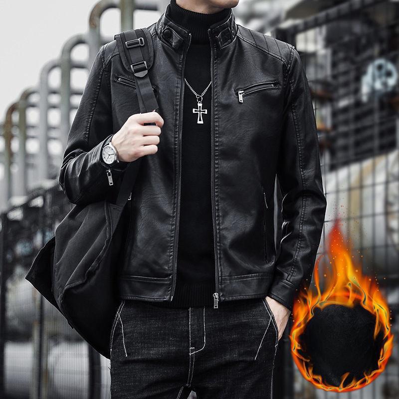 Men's Leather Jacket Spring and Autumn Thin Short Trendy Handsome Locomotive Leather Jacket Autumn and Winter Velvet Thickened Men's Jacket