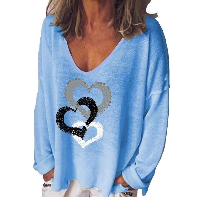Women S V Neck Long Sleeve Heart Print Loose T Shirt