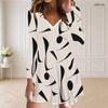 Women Plus Size V Neck Long Sleeve Blue White Printed Curved Hem Dress